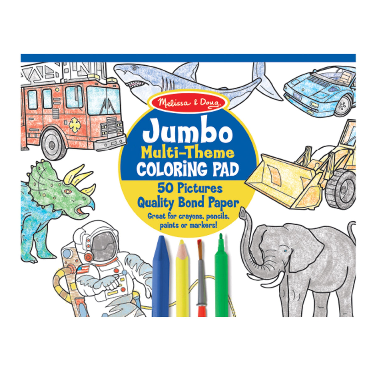 Jumbo 50-Page Kids' Coloring Pad - Space Sharks Sports and More